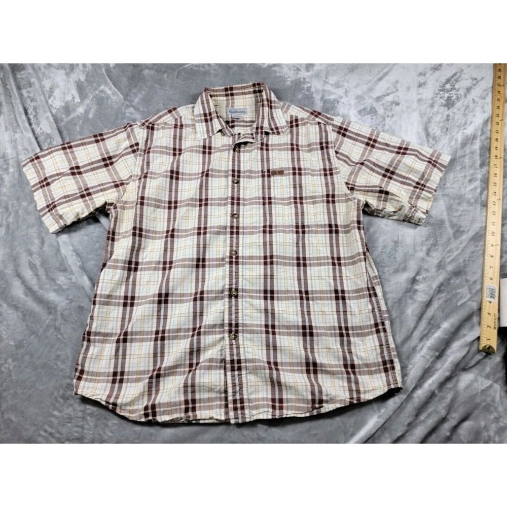Carhartt Mens Large Button‎ Up Shirt burgundy maroon Plaid Short Sleeve